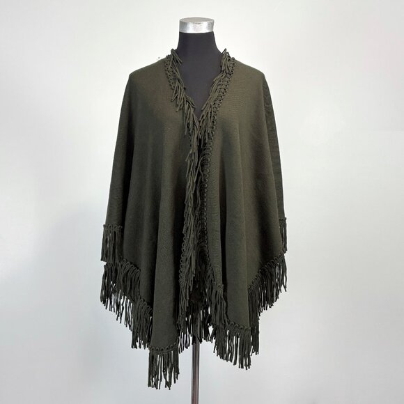 Dark Olive Green Shawl with Tassel Fringe Trim, Long Oversized Wrap, One Size - Picture 3 of 9